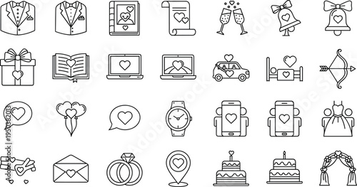 Wedding Love Line Icons Set Editable Stroke Collection with Bride Groom Rings Cake Gifts Romantic Ceremony Symbols