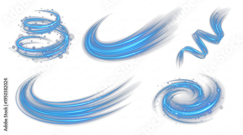 Collection of blue light trails and speed effects with sparkling particles on a transparent background.