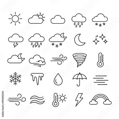 Weather icons collection: sun, clouds, rain, snow, wind, thunderstorm, moon, stars.