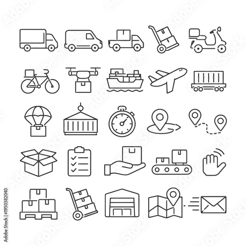Logistics transportation icons: trucks, drones, ships, airplanes, maps, delivery.