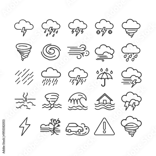 Weather icon set with storm, rain, wind, and natural disaster symbols.