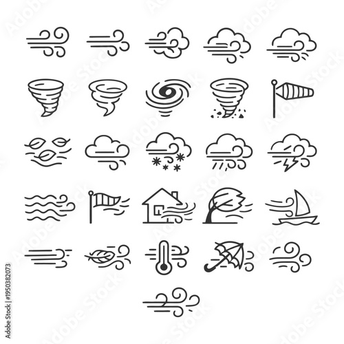 Weather icons set: wind, storm, rain, snow, tornado, ocean, sailboat.