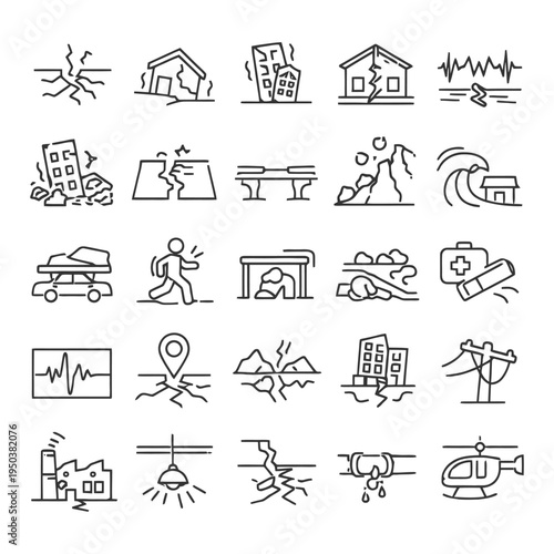 Disaster icons: earthquakes and emergency preparedness illustrations.