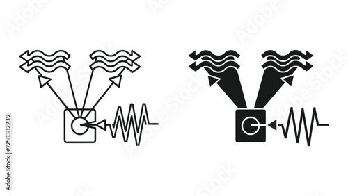 Physics Diagram: Wave Scattering and Energy Transfer Illustration - Line Art and Silhouette