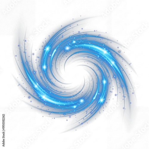 Swirling blue light vortex with sparkling particles forming a dynamic spiral, isolated on a transparent background.