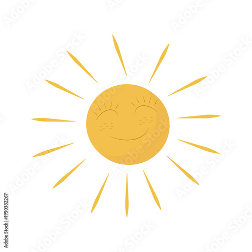 Happy smiling sun cartoon illustration with sun rays isolated on white background. Perfect for summer design, weather icons, kids illustrations and seasonal graphics.