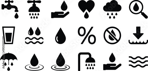 Water conservation and plumbing icon set featuring faucet, shower, raindrop, umbrella, glass, rain cloud, filtration, percentage symbol and water management symbols for environmental design projects