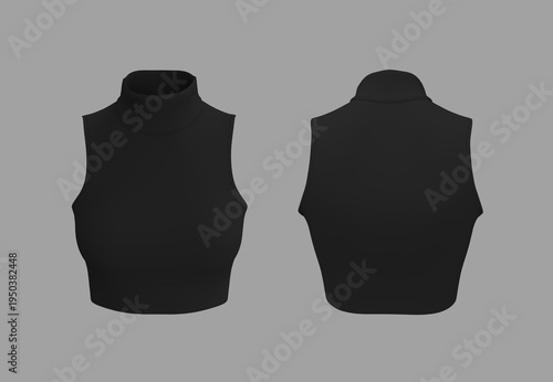 Women’s Slim Fit Cropped Sleeveless Turtleneck T-Shirt for Gym, Yoga and Fitness. Front, Side and Back View