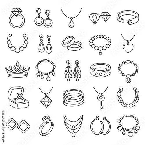 Collection of jewelry line icons featuring rings necklaces earrings bracelets.