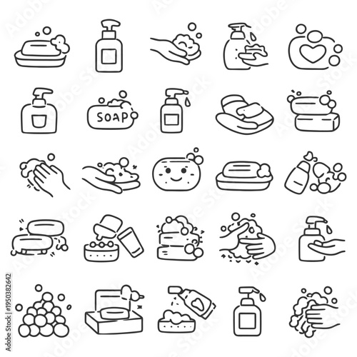 Soap and handwashing icons: cleanliness and hygiene symbols.