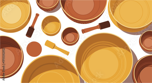 An artful overhead flat lay of various sizes of traditional Tibetan singing bowls and mallets, perfect for relaxation and meditation themes.