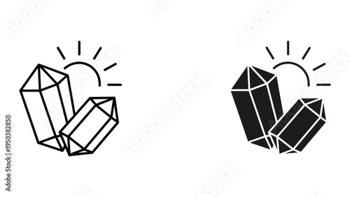 Gemstone and Sun Icon Set - Geometric Crystals, Sunshine and Light Rays, Line Art and Solid Fill