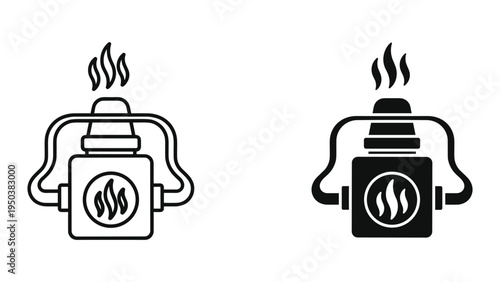 Portable camping stove icon, double set - line art and solid black fill