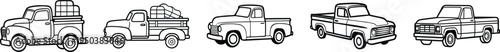 Classic Antique Pickup Truck Hand Drawn Set Retro Farm Utility Vehicle Outline Illustration