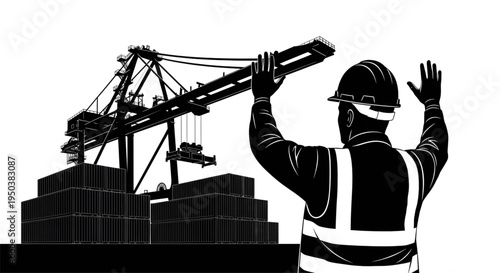 Dock worker in safety vest signaling to shipping container crane silhouette vector illustration