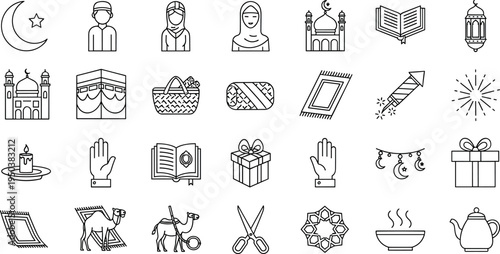 Islamic Ramadan Line Icons Set with Mosque Quran Crescent Lantern Prayer Muslim Culture Festival Symbols