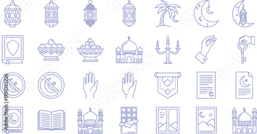 Islamic Ramadan Line Icons Set with Mosque Quran Lantern Crescent Prayer Charity Religious Symbols Collection
