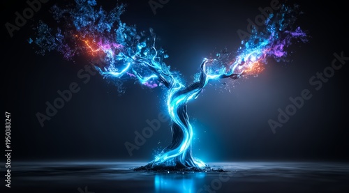 Tree with blue and orange branches is shown in a dark background. The tree is surrounded by water and he is glowing