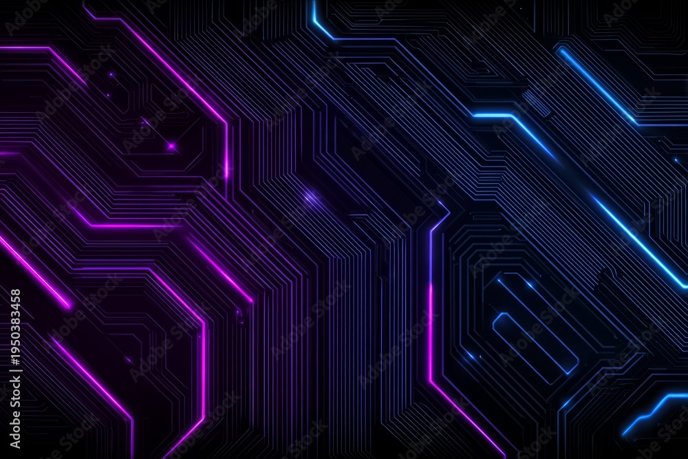 Obraz premium Black and purple background with neon lights. The background is a mix of purple and blue. The lights are bright