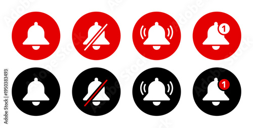 Notification alert bell icons in red and black circle backgrounds for mobile app and web reminders. Vector incoming messages and alarms symbols set