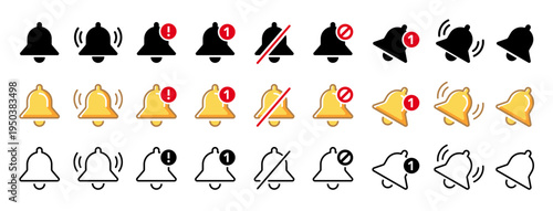 Bell reminder notification icon collection. Set of notification bell icon in different style. Notification app interface for chatting and messaging