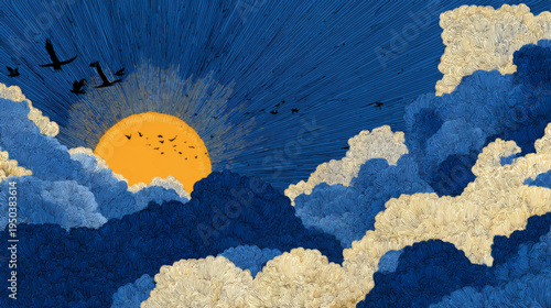 Retro Inspired Sunrise Over Stylized Clouds Vector Illustration Background With Dramatic Sun Rays And Atmospheric Sky Landscape