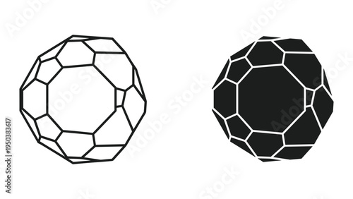 Buckminsterfullerene C60 molecule, iconic fullerene structure, line art and solid icon