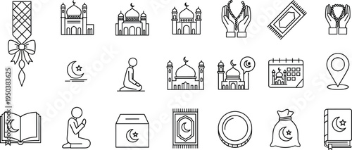 Islamic Ramadan Line Icons Set with Mosque Quran Prayer Crescent Charity Religious Symbols Editable Stroke Vector