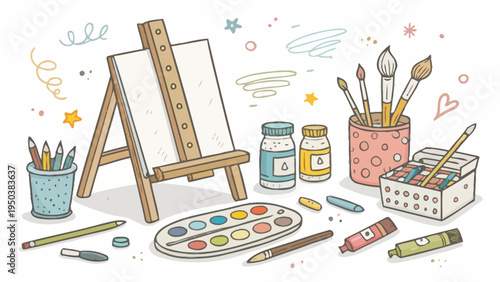 Hand drawn art studio items set including easel paints brushes pencils and canvas on white background with colorful doodles