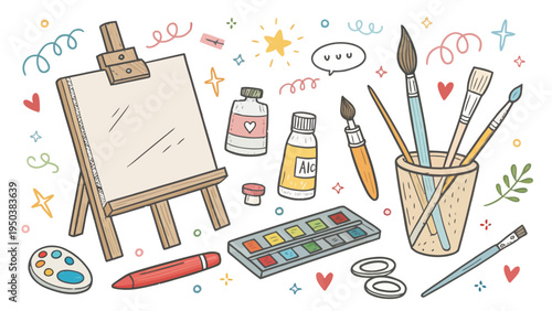 Hand drawn art studio items set including easel paints brushes palette and canvas with colorful decorations and heart symbols