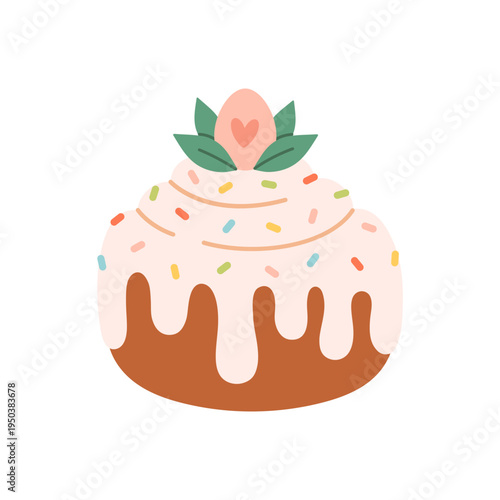Cute baked bun with glaze, confectionery sprinkles and Easter egg top. Easter cake. Flat vector illustration