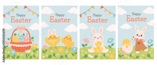 Happy Easter greeting cards with cute bunnies, chicks, painted eggs. Perfect for cards, invitations, posters, home decor, and seasonal design. Flat vector illustration
