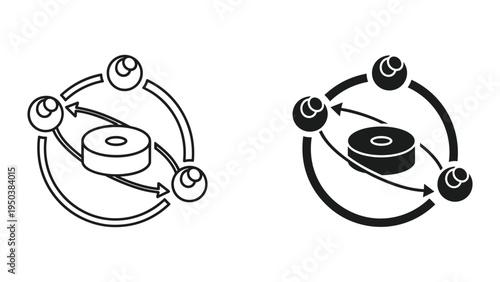Circular data flow icon with three nodes and central element, vector illustration