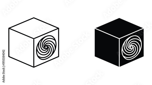 Air Conditioner Unit Icons: Outline and Solid Black Isometric Cubes with Fan