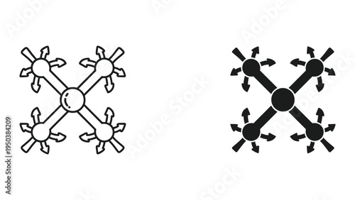 Drone Icon Set - Quadcopter Line Art and Solid Black Silhouette