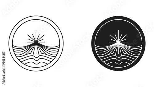 Abstract Circular Logo: Sunrise Over Water or Mountain Peaks, Line Art and Silhouette