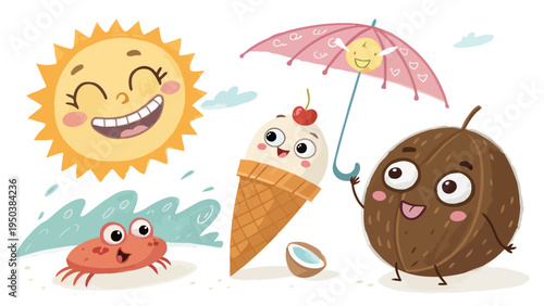 Cartoon sun crab ice cream cone and coconut under umbrella smiling and happy together in a fun summer scene with waves