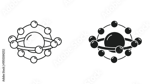 Atom Icon with Orbiting Electrons and Nucleus - Black and White Vector Symbols