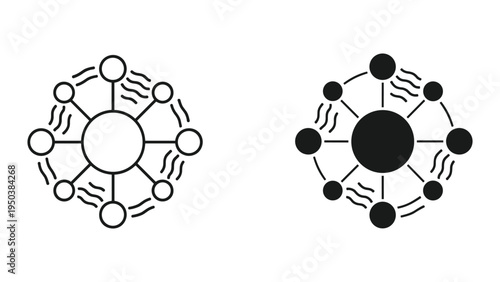 Network connection diagram, hub and spoke with data flow icons, outline and solid fill