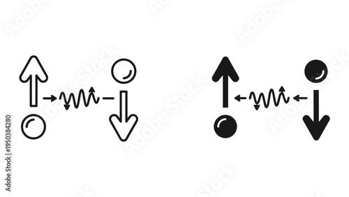 Abstract physics concept icons showing particle interaction and directional movement, line art and solid fill