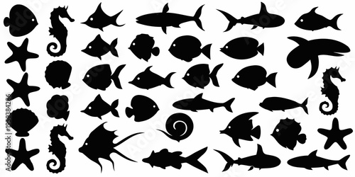 Collection of black silhouettes depicting various ocean creatures and fish