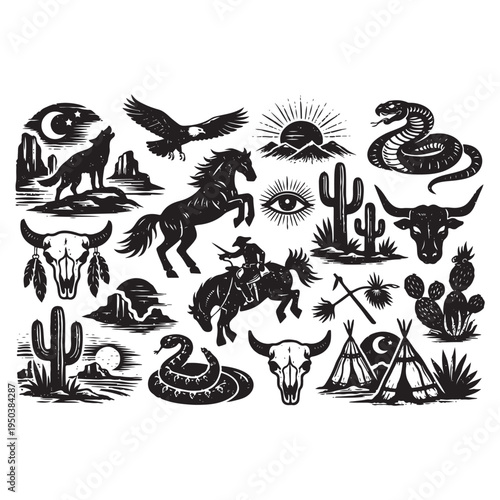 Western Boho Linocut Vector Set – Texas Desert Engraving Collection