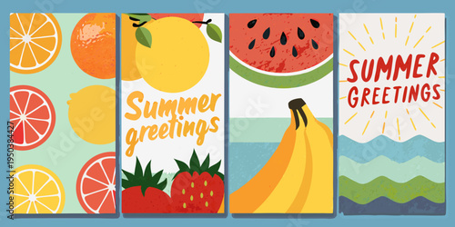 Colorful summer fruits and greetings arranged in a patterned vertical layout