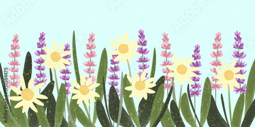 Wildflower meadow with blooming lavender and chamomile flowers. Illustration of floral background for greeting card. Spring nature design with botanical pattern and purple yellow blossom.