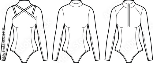 Women long sleeve bodysuit technical fashion flat set, front view clothing template with different neckline styles, mockup for apparel design, activewear or swimwear garment illustration