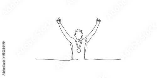 Continuous line drawing of a triumphant athlete with arms raised and a medal celebration victory