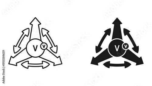 Vector Arrows in Three Directions with Central Circle and 'V' Symbol Icon