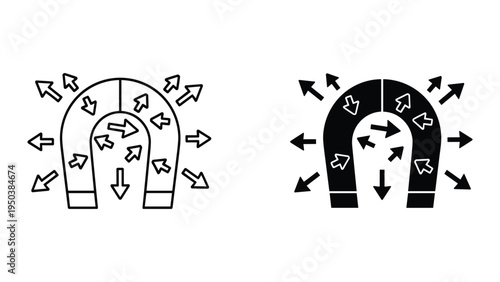 Horseshoe Magnet with Arrows Showing Magnetic Field Lines, Vector Icons
