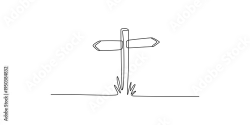 A simple line drawing of a signpost with two blank signs on a plain background