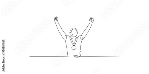 Continuous line drawing of a triumphant athlete with raised arms and a medal victory success